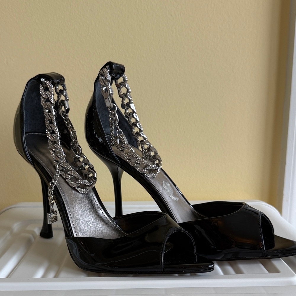 Guess Elegant Black Peep-Toe Heels with Rhinestone Chain Detail